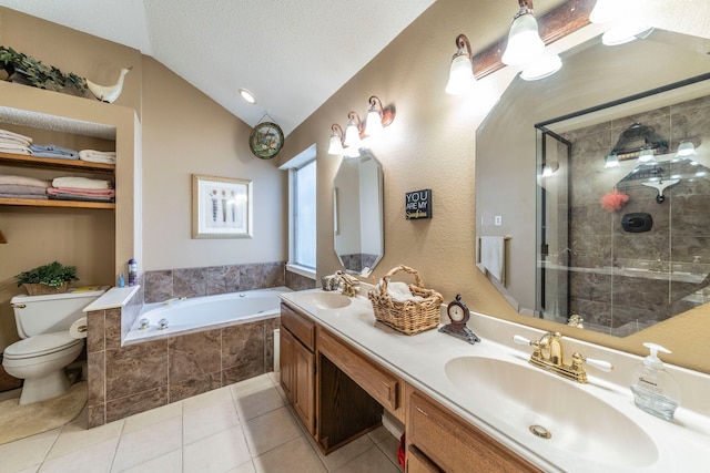 5704 Poole Dr, The Colony, TX 75056 - full bath with lofted ceiling, toilet, double vanity, tile patterned flooring, and a garden tub
