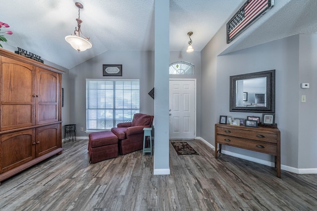 5704 Poole Dr, The Colony, TX 75056 - entryway with lofted ceiling, baseboards, wood finished floors, and a textured ceiling