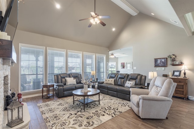 1777 Lone Star Blvd, Terrell, TX 75160 - living area with a ceiling fan, wood finished floors, plenty of natural light, high vaulted ceiling, and recessed lighting