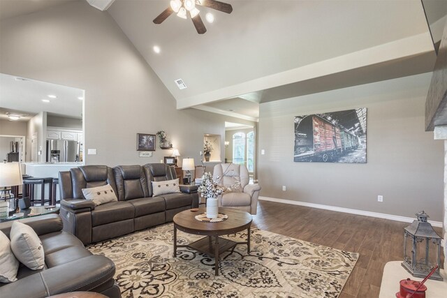 1777 Lone Star Blvd, Terrell, TX 75160 - living room featuring a ceiling fan, wood finished floors, high vaulted ceiling, baseboards, and recessed lighting