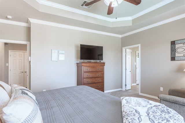 1777 Lone Star Blvd, Terrell, TX 75160 - bedroom featuring carpet flooring, a raised ceiling, ornamental molding, baseboards, and a ceiling fan