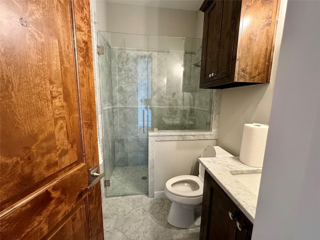 474 Eagle Cove Cir, Tioga, TX 76271 - full bath featuring a stall shower, toilet, marble finish floors, and vanity
