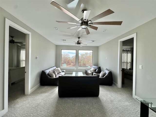 474 Eagle Cove Cir, Tioga, TX 76271 - living room with light carpet, baseboards, ceiling fan, and recessed lighting