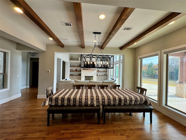 474 Eagle Cove Cir, Tioga, TX 76271 - dining area with dark wood finished floors, recessed lighting, baseboards, beamed ceiling, and a chandelier