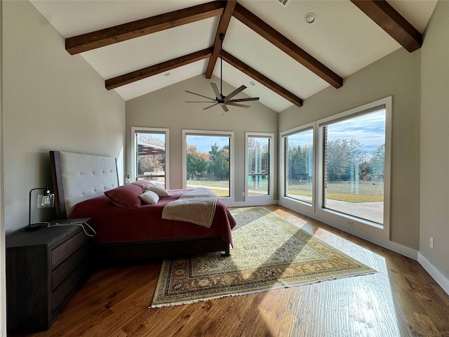 474 Eagle Cove Cir, Tioga, TX 76271 - bedroom with beamed ceiling, baseboards, wood finished floors, high vaulted ceiling, and a ceiling fan
