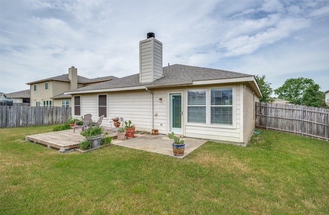1312 Dakota Trl, Krum, TX 76249 - rear view of house featuring a wooden deck, a patio, a chimney, and a shingled roof