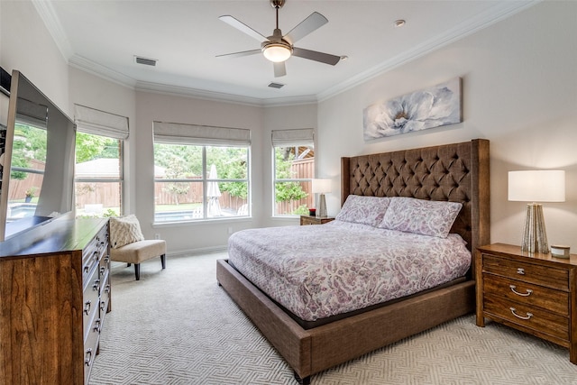 5001 Stanford Ave, Dallas, TX 75209 - bedroom with light carpet, crown molding, ceiling fan, and baseboards