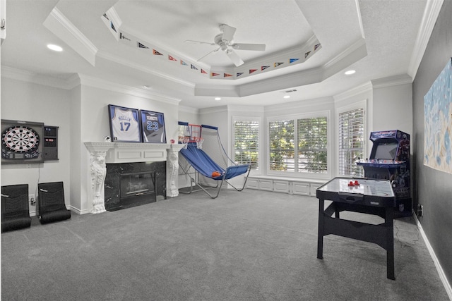 2906 Cottonwood Ln, Colleyville, TX 76034 - recreation room with crown molding, ceiling fan, carpet floors, a tray ceiling, and recessed lighting