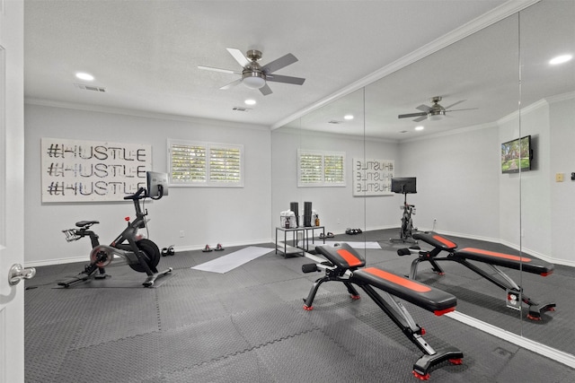2906 Cottonwood Ln, Colleyville, TX 76034 - workout area featuring ornamental molding, a ceiling fan, recessed lighting, and baseboards