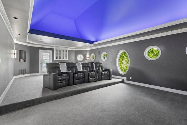2906 Cottonwood Ln, Colleyville, TX 76034 - cinema with a tray ceiling, carpet, and baseboards