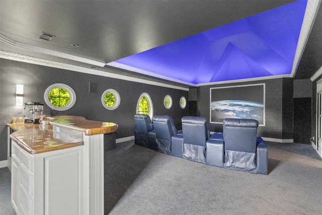 2906 Cottonwood Ln, Colleyville, TX 76034 - home theater featuring carpet flooring, baseboards, and a raised ceiling