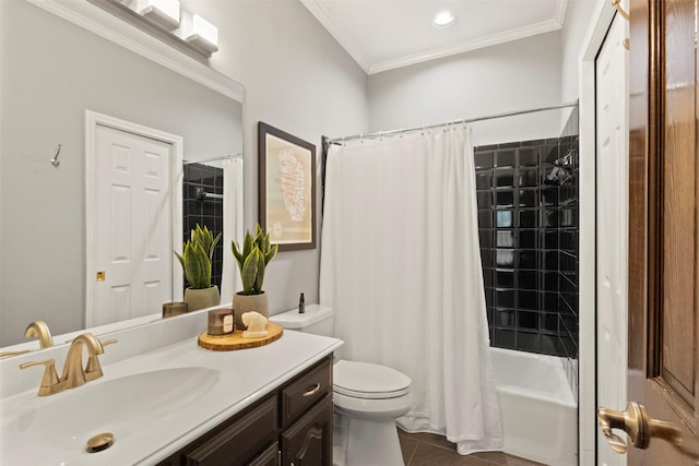 2906 Cottonwood Ln, Colleyville, TX 76034 - bathroom with tile patterned flooring, crown molding, toilet, vanity, and shower / bathtub combination with curtain