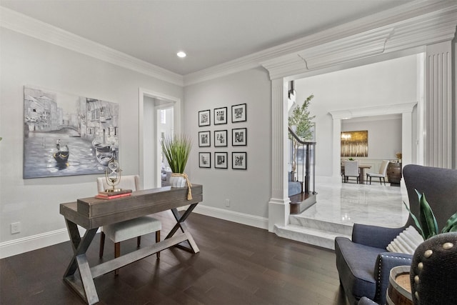 2906 Cottonwood Ln, Colleyville, TX 76034 - office area featuring ornamental molding, dark wood finished floors, baseboards, recessed lighting, and ornate columns