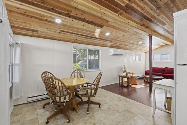 53 Bentwood Dr, Pottsboro, TX 75076 - dining area with an AC wall unit, baseboard heating, wood ceiling, vaulted ceiling, and baseboards