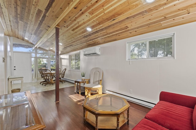 53 Bentwood Dr, Pottsboro, TX 75076 - living area with a baseboard heating unit, a wall mounted AC, wood finished floors, wooden ceiling, and lofted ceiling