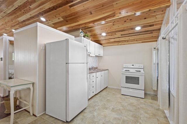 53 Bentwood Dr, Pottsboro, TX 75076 - kitchen with white appliances, a sink, white cabinets, wood ceiling, and baseboards