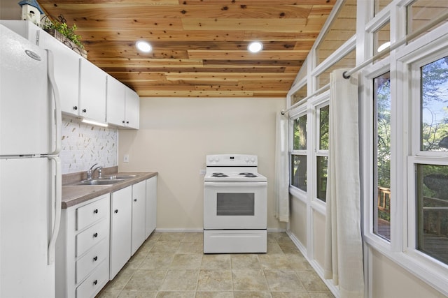 53 Bentwood Dr, Pottsboro, TX 75076 - kitchen with white appliances, wood ceiling, a sink, white cabinetry, and tasteful backsplash