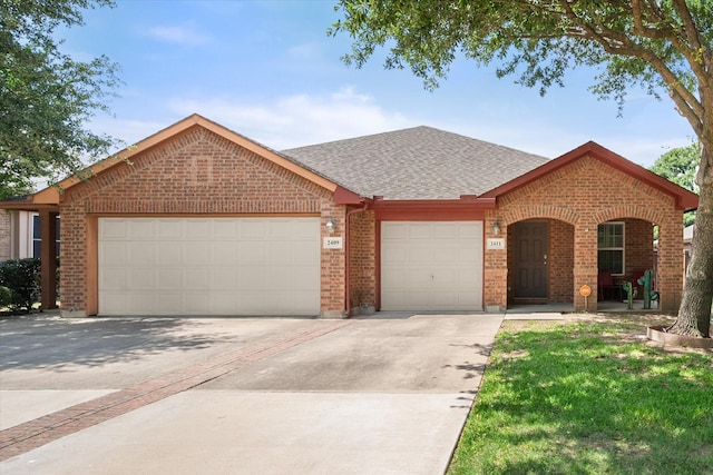 2411 Ravenwood Ct, Mansfield, TX 76063 - view of front of home featuring brick siding, a garage, a shingled roof, driveway, and a front lawn
