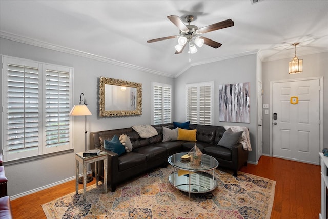 2411 Ravenwood Ct, Mansfield, TX 76063 - living area featuring ornamental molding, wood finished floors, a ceiling fan, lofted ceiling, and baseboards