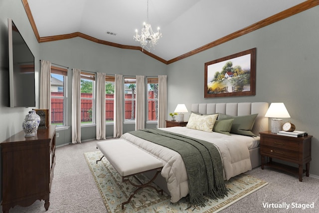 9772 Hickory St, Frisco, TX 75035 - bedroom featuring carpet flooring, vaulted ceiling, a chandelier, ornamental molding, and baseboards