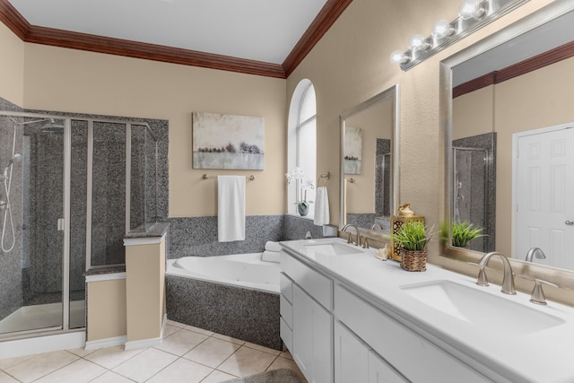9772 Hickory St, Frisco, TX 75035 - bathroom with ornamental molding, a stall shower, tile patterned floors, a bath, and double vanity