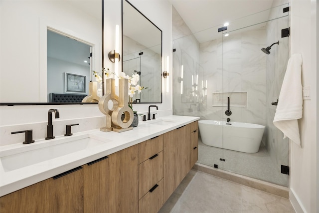 5217 Lindsley Ave, Dallas, TX 75223 - bathroom featuring a marble finish shower, double vanity, and a soaking tub