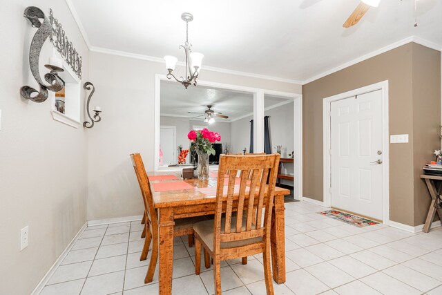 350 Vz County Road 3907, Wills Point, TX 75169 - dining area featuring ceiling fan, baseboards, light tile patterned flooring, a chandelier, and ornamental molding