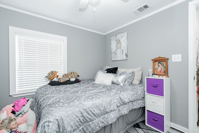 350 Vz County Road 3907, Wills Point, TX 75169 - bedroom featuring ornamental molding, ceiling fan, and baseboards