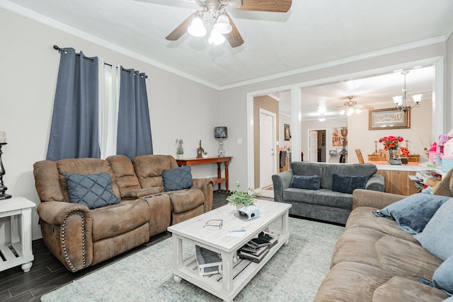 350 Vz County Road 3907, Wills Point, TX 75169 - living room featuring ceiling fan, wood finished floors, ornamental molding, and a chandelier