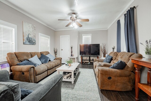 350 Vz County Road 3907, Wills Point, TX 75169 - living area featuring dark wood-style flooring, crown molding, and a ceiling fan