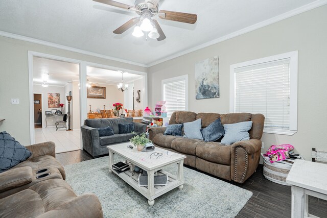 350 Vz County Road 3907, Wills Point, TX 75169 - living room featuring ceiling fan, crown molding, and dark wood-style floors