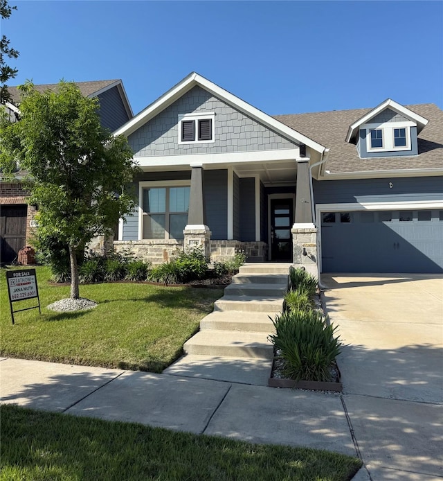 13805 Marys Ridge Rd, Fort Worth, TX 76008 - craftsman house with a front yard, a porch, an attached garage, driveway, and a shingled roof