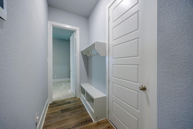 13805 Marys Ridge Rd, Fort Worth, TX 76008 - mudroom featuring dark wood-style floors, baseboards, and a textured wall