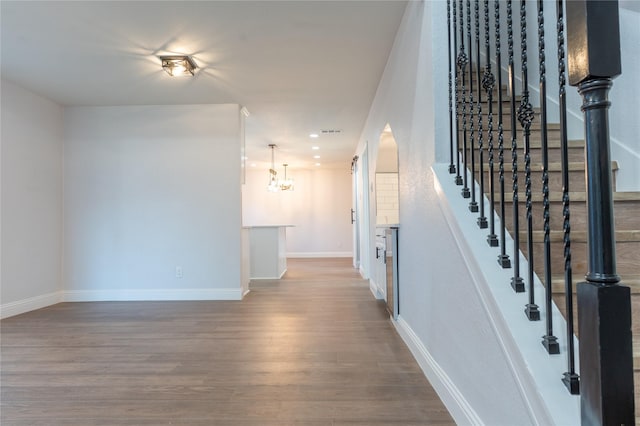 2123 Wheaton Dr, Richardson, TX 75081 - entrance foyer featuring a chandelier, wood finished floors, baseboards, stairs, and recessed lighting