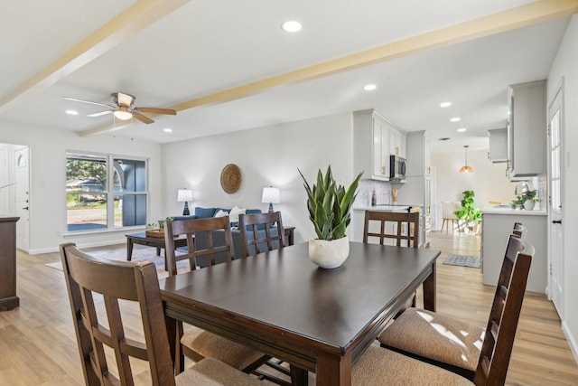 1400 N Floyd Rd, Richardson, TX 75080 - dining room featuring light wood-style floors, a ceiling fan, recessed lighting, and baseboards