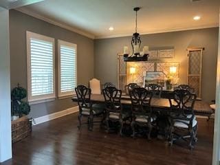 470 Granite Way, Jacksboro, TX 76458 - dining space with crown molding, wood finished floors, baseboards, a chandelier, and recessed lighting