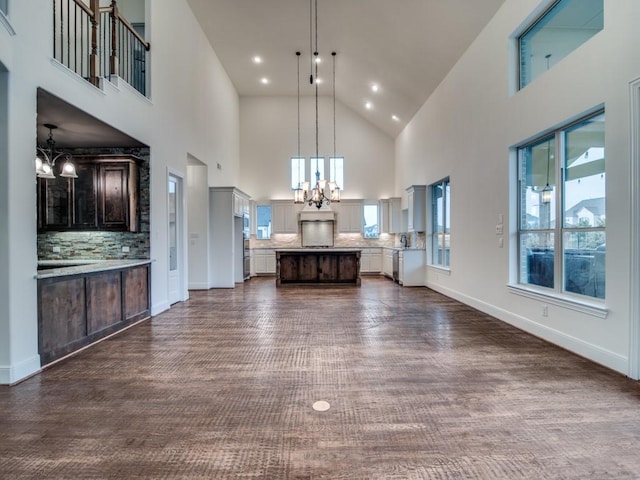 4604 Donna Ln, Parker, TX 75002 - unfurnished living room featuring a chandelier, high vaulted ceiling, dark wood-style flooring, and recessed lighting