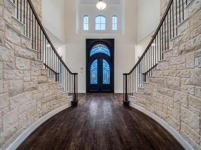 4604 Donna Ln, Parker, TX 75002 - entryway with stairs, ornamental molding, wood finished floors, a towering ceiling, and french doors