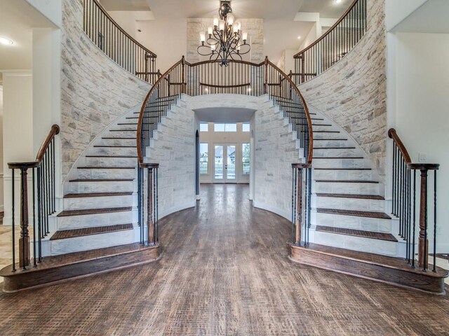 4604 Donna Ln, Parker, TX 75002 - foyer with stairs, a towering ceiling, french doors, a chandelier, and wood finished floors