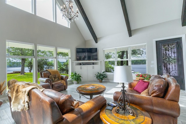 8799 County Road 299, Possum Kingdom Lake, TX 76450 - living room with high vaulted ceiling, a chandelier, beam ceiling, and plenty of natural light