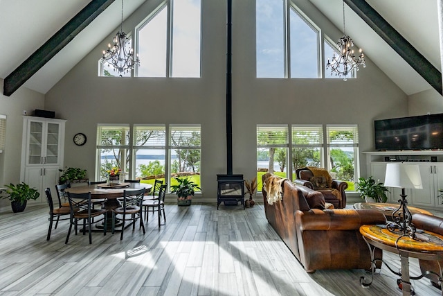 8799 County Road 299, Possum Kingdom Lake, TX 76450 - living room featuring a chandelier, high vaulted ceiling, a wood stove, beam ceiling, and wood finished floors