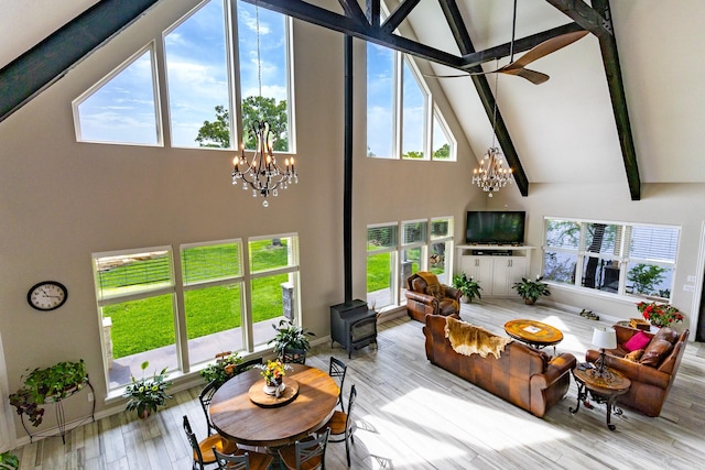 8799 County Road 299, Possum Kingdom Lake, TX 76450 - living area featuring a chandelier, high vaulted ceiling, a wood stove, wood finished floors, and beam ceiling