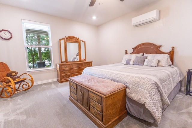 8799 County Road 299, Possum Kingdom Lake, TX 76450 - bedroom with an AC wall unit, light colored carpet, baseboards, a ceiling fan, and recessed lighting