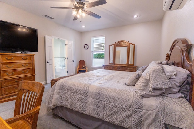 8799 County Road 299, Possum Kingdom Lake, TX 76450 - bedroom with a wall mounted air conditioner, ceiling fan, carpet floors, recessed lighting, and ensuite bath