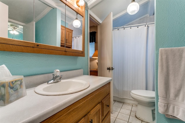 2412 Crestview Cir, Irving, TX 75062 - bathroom featuring lofted ceiling, tile patterned flooring, toilet, crown molding, and a textured wall