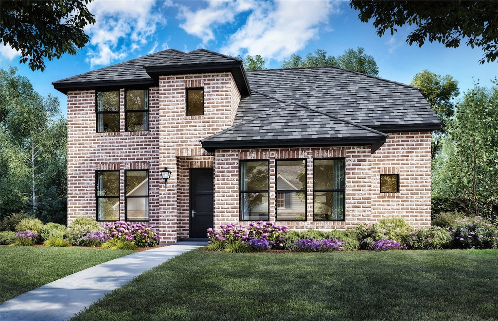 523 Grand Oak Dr, Fate, TX 75189 - french country style house featuring a front lawn, roof with shingles, and brick siding