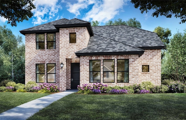 523 Grand Oak Dr, Fate, TX 75189 - french country style house featuring a front lawn, roof with shingles, and brick siding