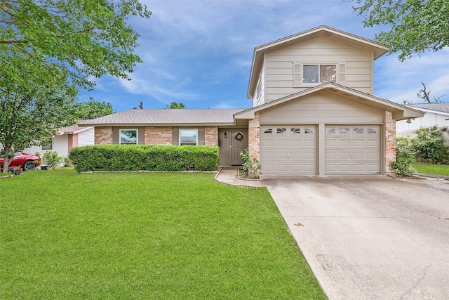 view of front facade with brick siding, concrete driveway, and a front lawn