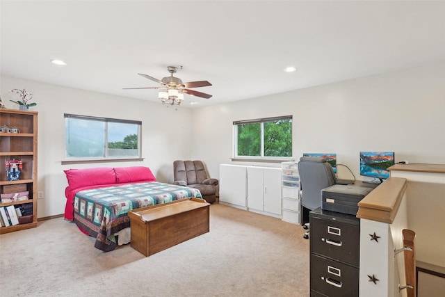 bedroom featuring carpet floors, recessed lighting, and ceiling fan