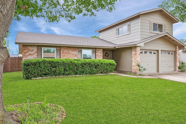 view of front of house featuring brick siding, an attached garage, concrete driveway, and roof with shingles